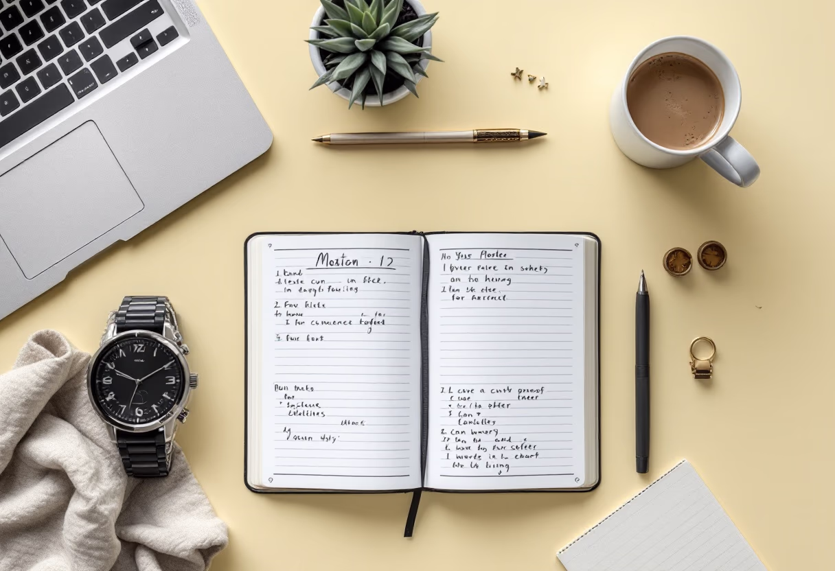 image of a notebook and a coffee cup on a desk