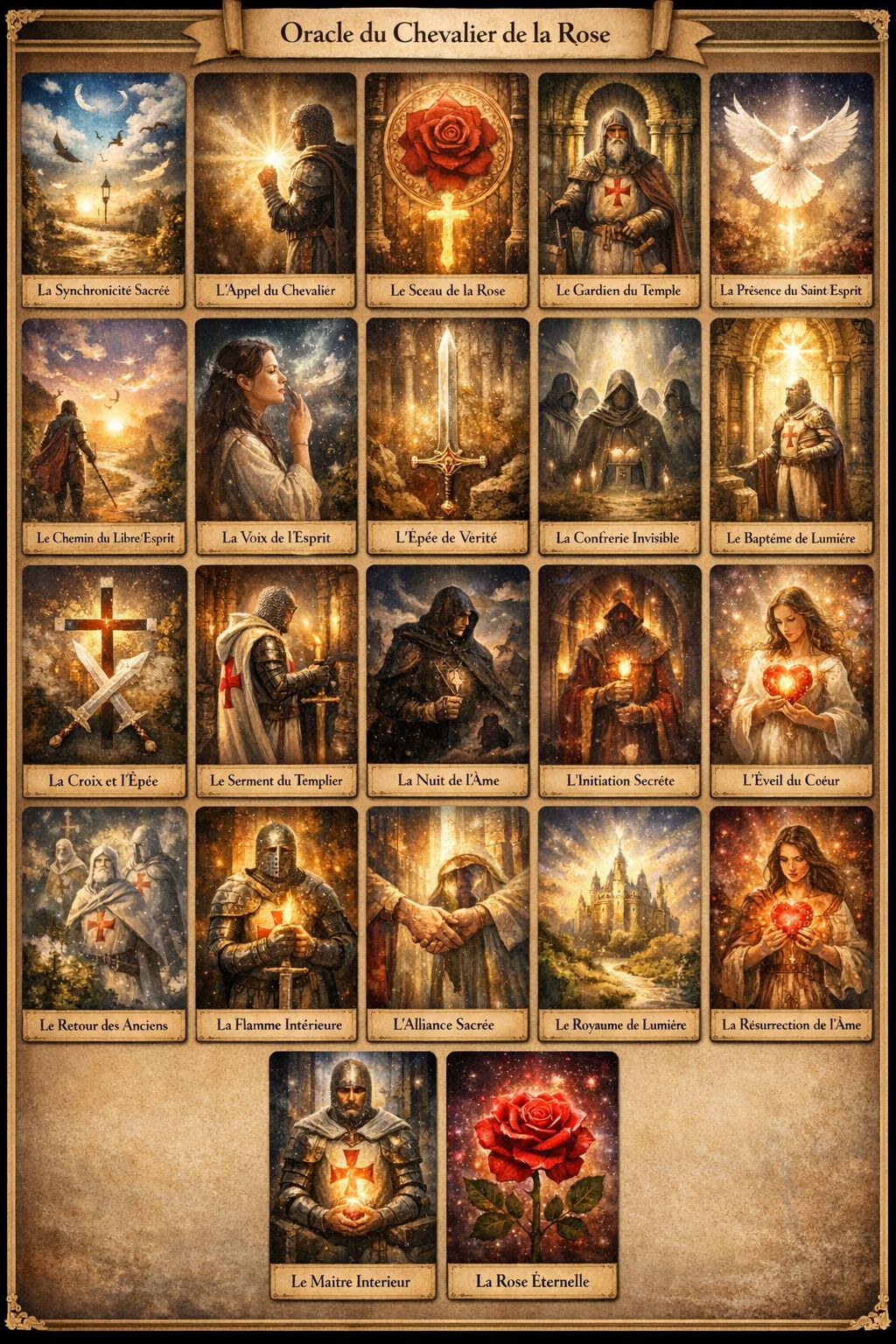 Planche des cartes Oracle du Chevalier de la Rose